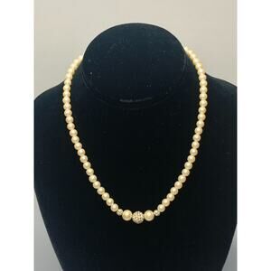 Faux Off White Pearl Necklace with Rhinestone Beads, 16 Length